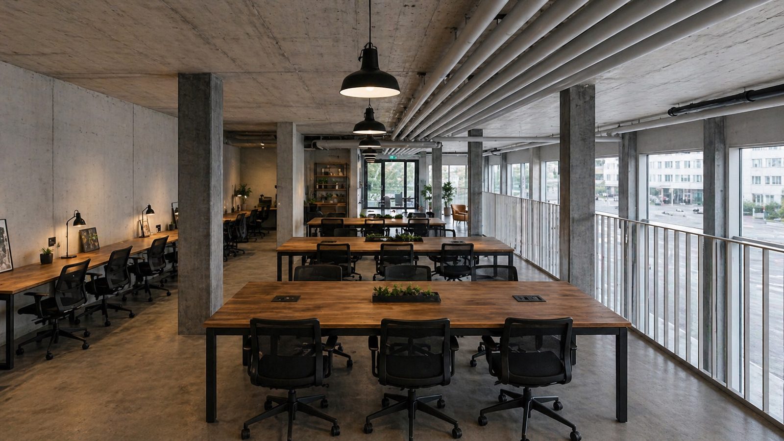 Obere Etage mit Schreibtischen und Lese-Lampen